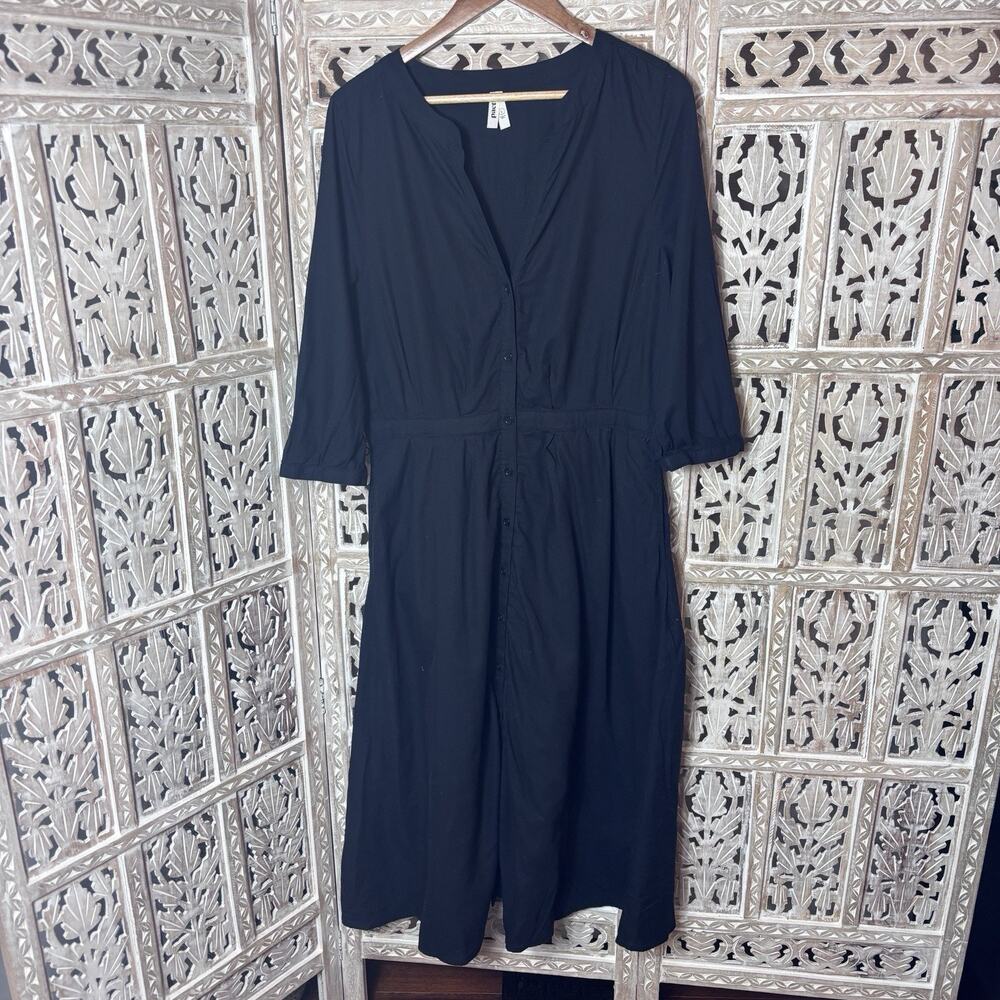 Pact Organic Womens Black Button Front Front Midi Dress 3/4 Sleeve 100% Cotton L